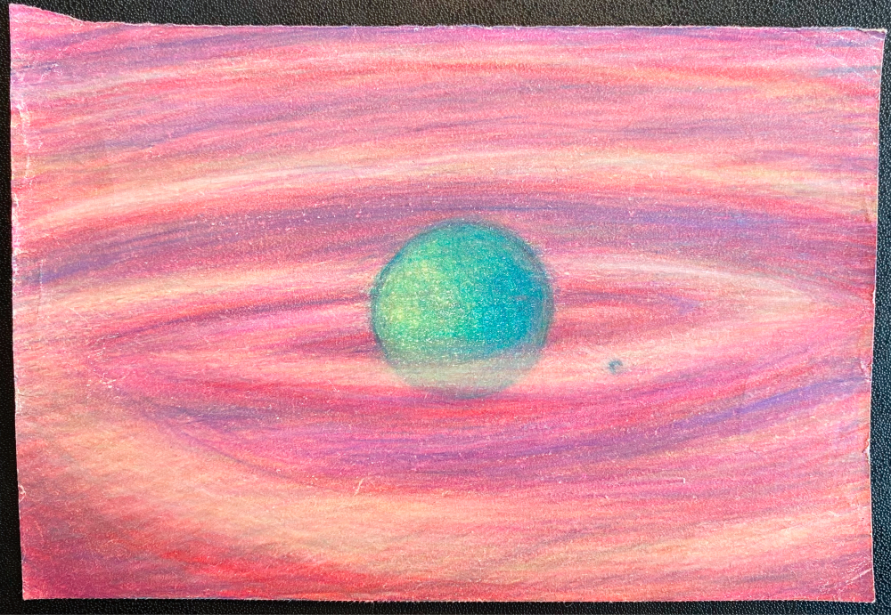 drawing of a pink sky and a green planet