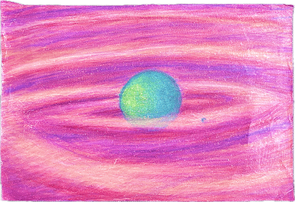 drawing of a pink sky and a green planet