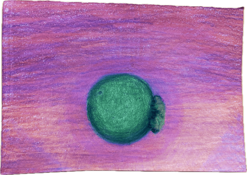 drawing of a pink sky and a green planet