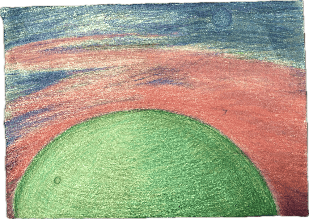 drawing of a pink sky and a green planet