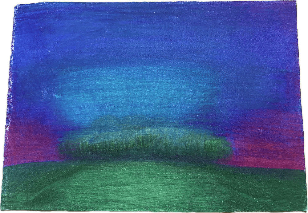 drawing of a pink sky and a green planet