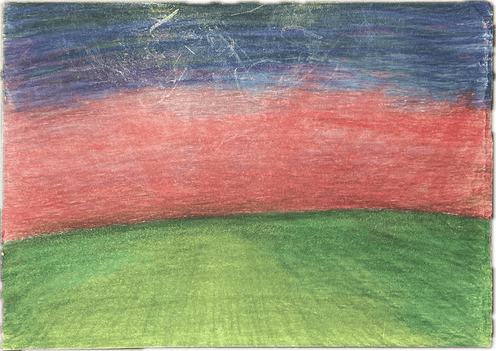 drawing of a pink sky and a green planet