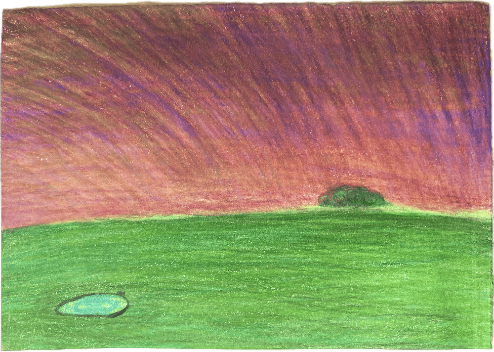 drawing of a pink sky and a green planet